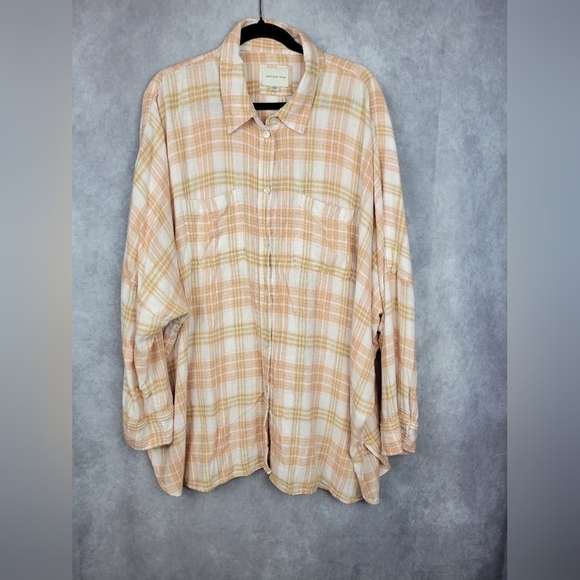 American Eagle Oversized Linen Shirt Small Lounge Beach Coverup Plaid Roll Tab X - Picture 1 of 10